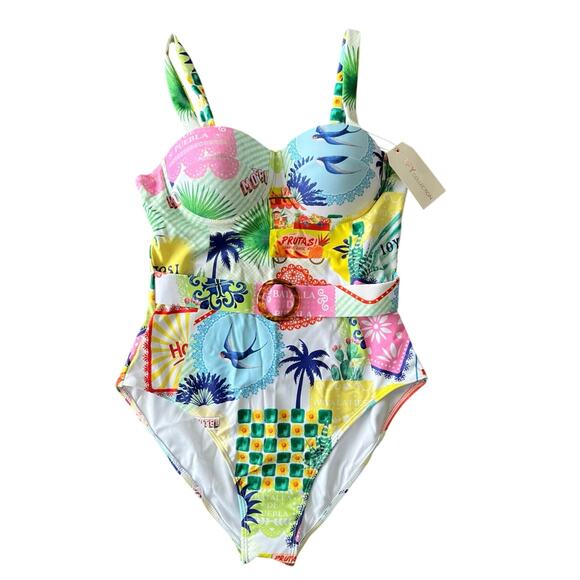 NEW Sunset Bloom Vibrant Vibes One Piece Bathing Suit Push Up Bra Large - Picture 1 of 8